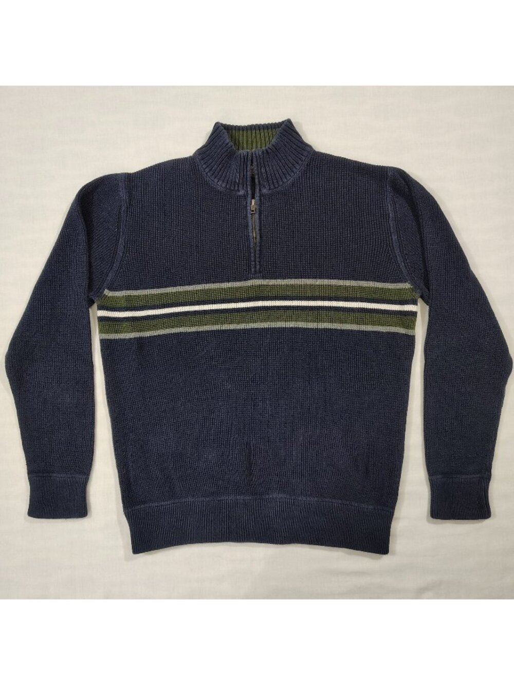 Eddie Bauer 1/4 Zip Knit Sweater Mens Size Tall Large Striped Pullover Navy Blue
